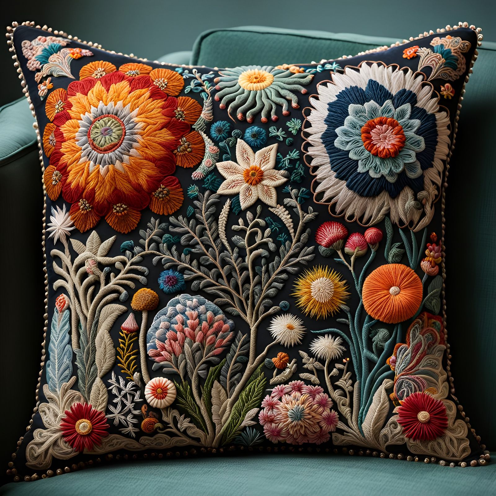 Hand Embroidered Pillow with Floral Motifs from Ernst Haecke...