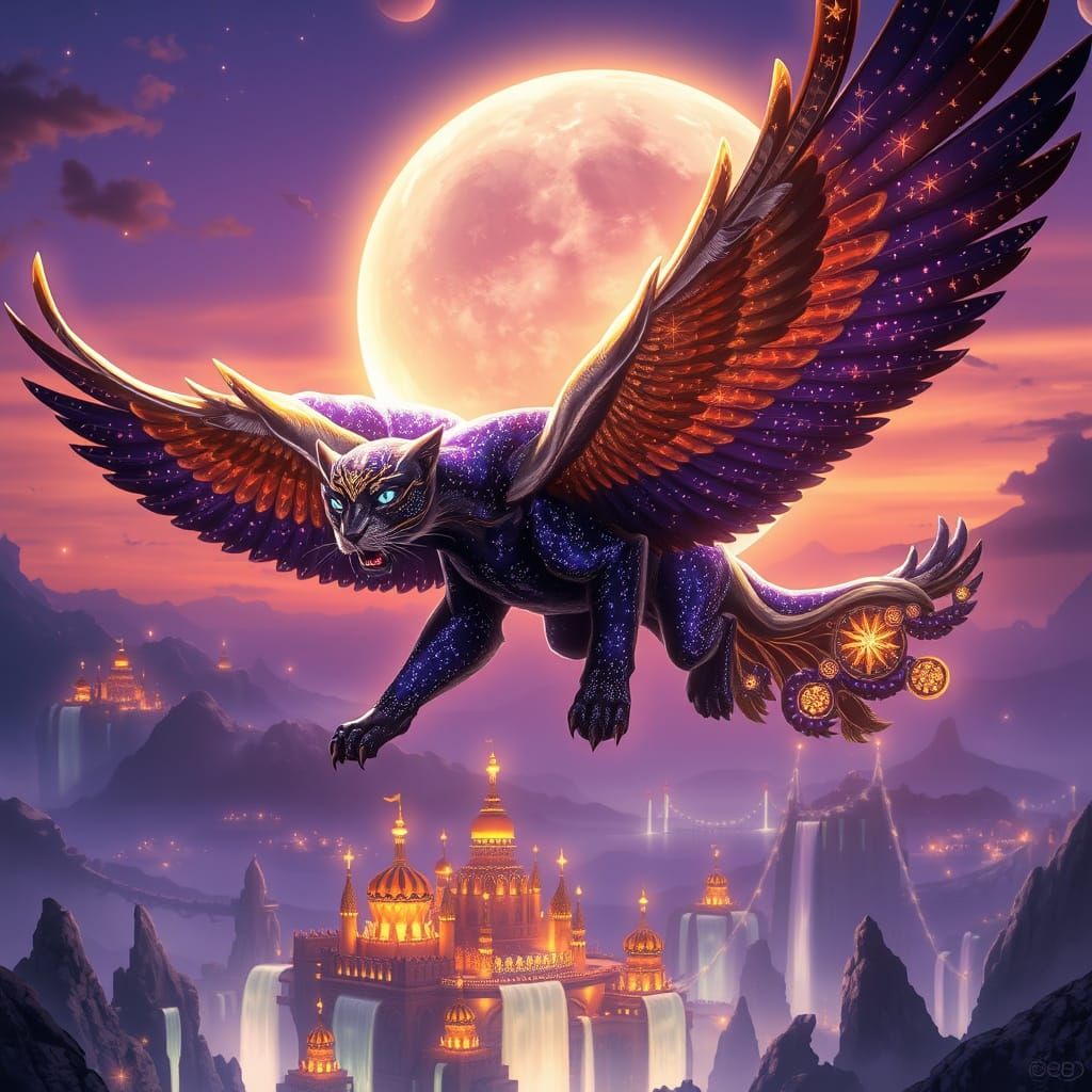 Regal Winged Feline Soars Through Ethereal Twilight Sky