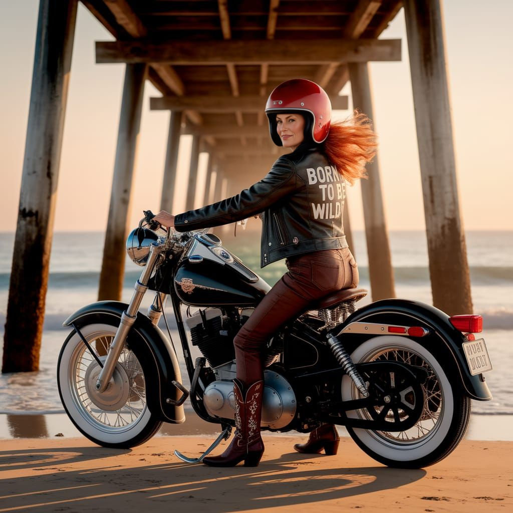 Striking Woman on Motorcycle, Leibovitz Style Photograph