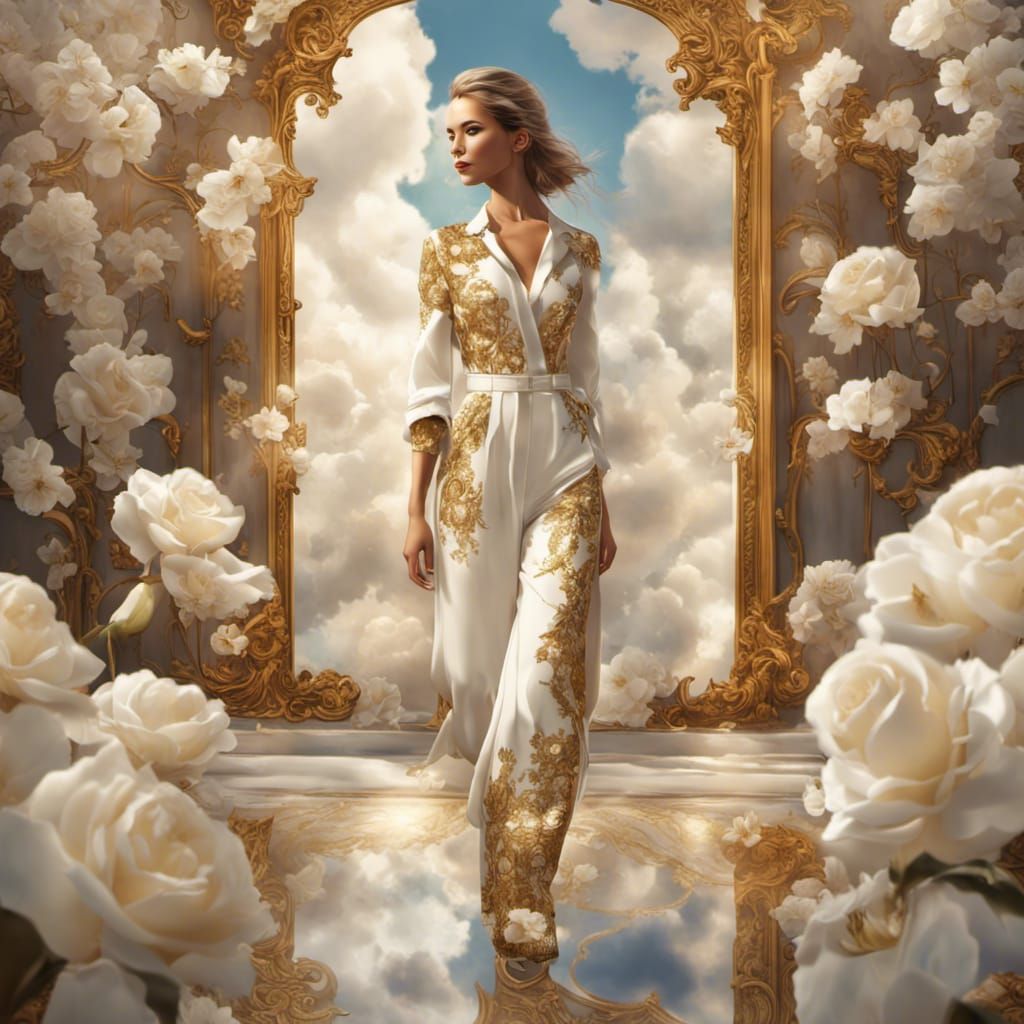 Royal Woman in Gold Jumpsuit with White Roses