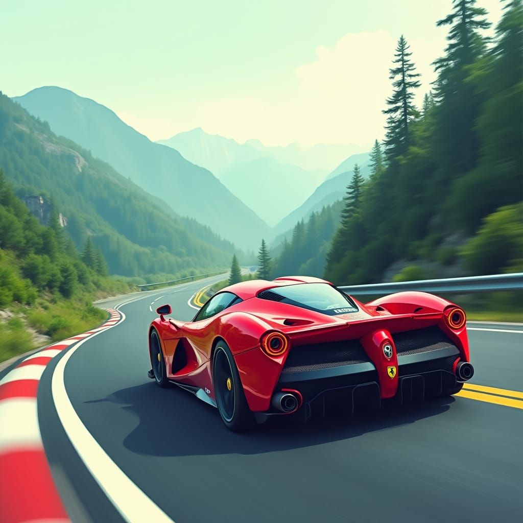 Red Ferrari Races Through Mountain Landscape