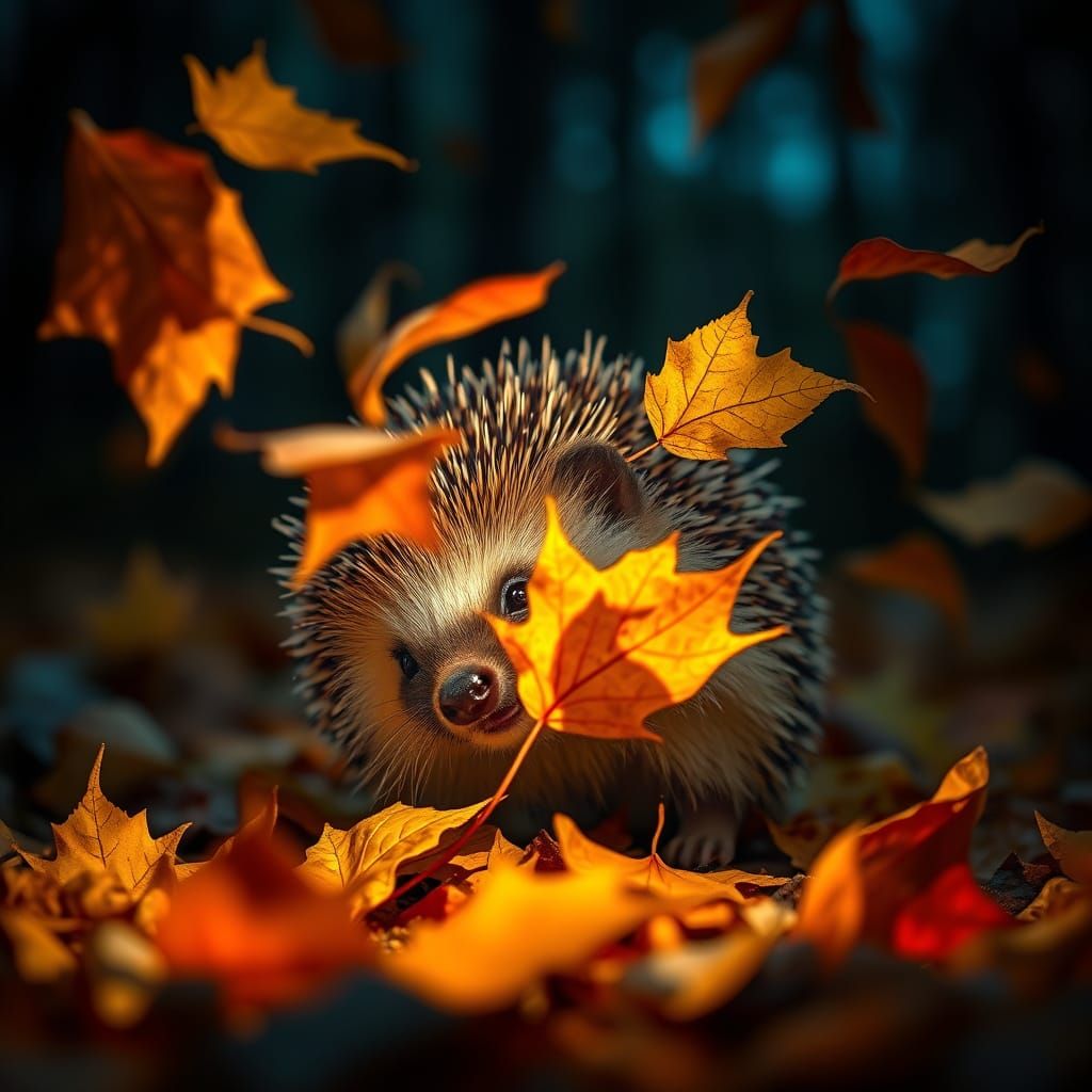 Hedgehog Playing With Autumn Leaves Close-Up Portrait