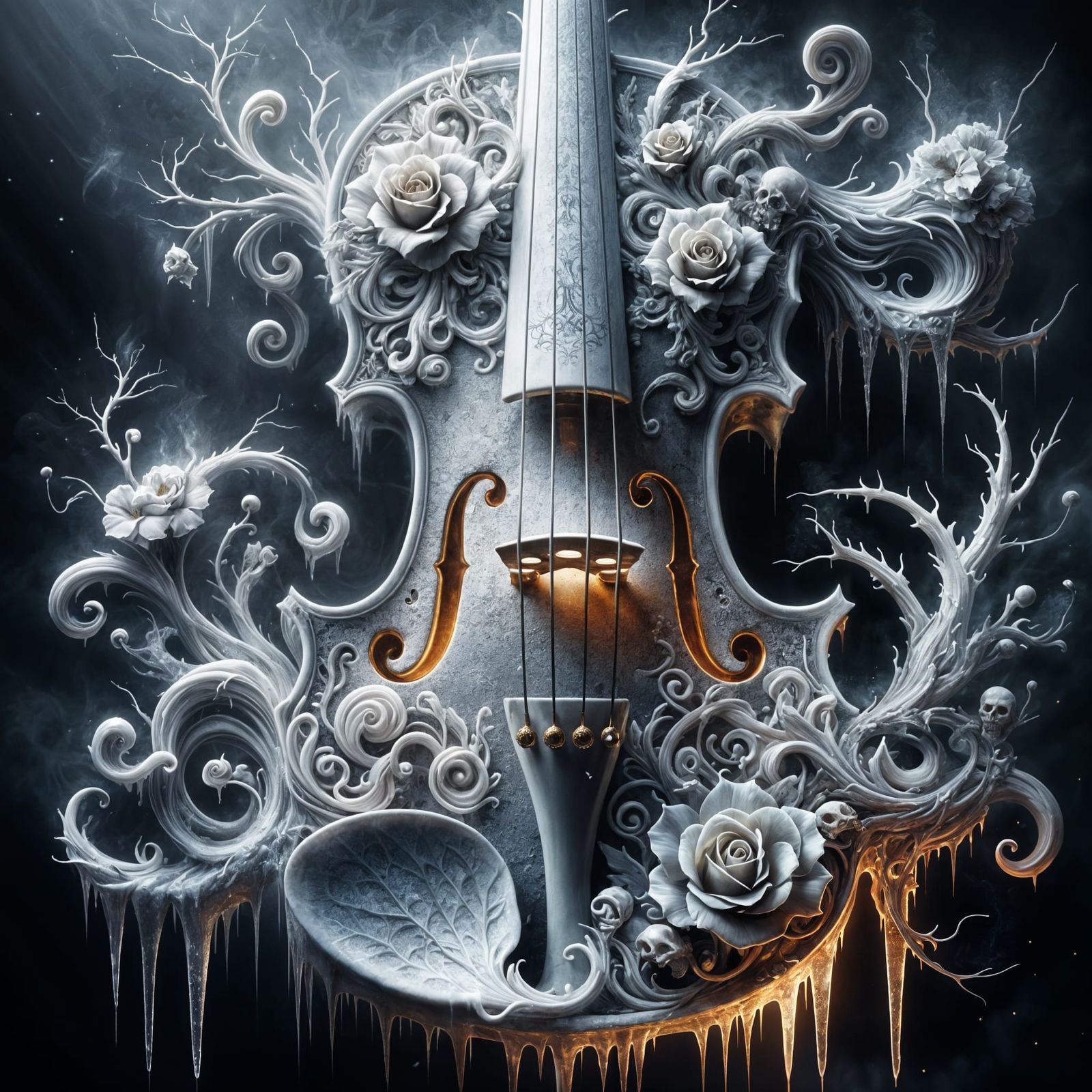 Ethereal Frost Violin with Golden Roses and Skulls in Gothic...