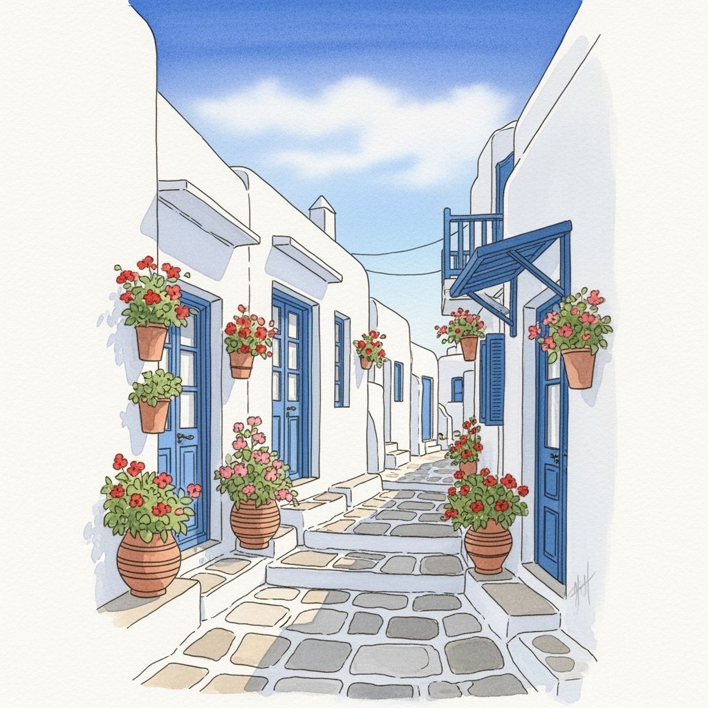 Sunlit Alley in Mykonos: Watercolor Mediterranean Scene