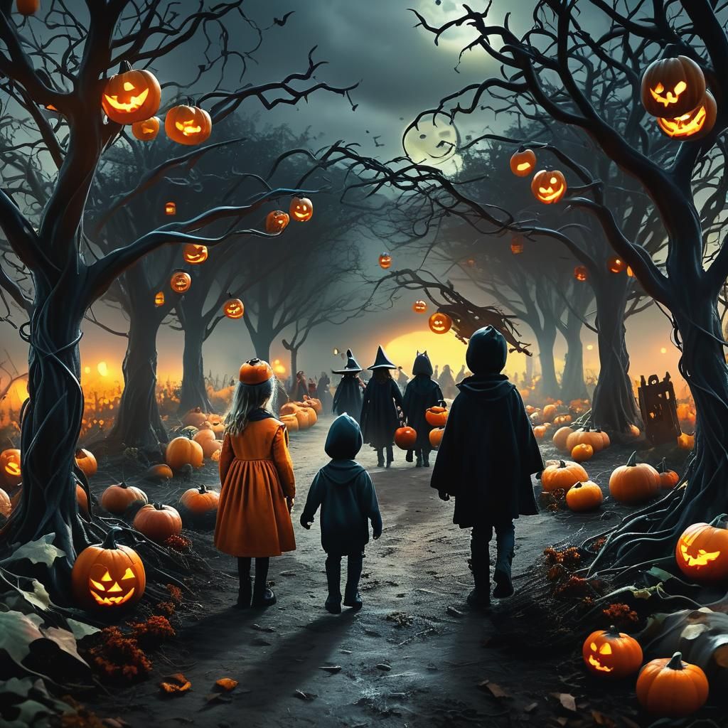 Children in Haunted Pumpkin Patch at Dusk