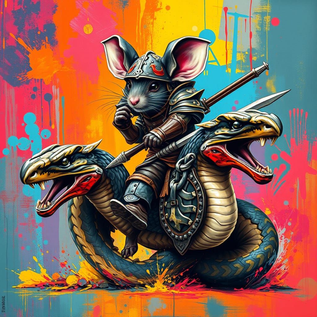 Armored Mouse Rides Snake in Graffiti Splash Art