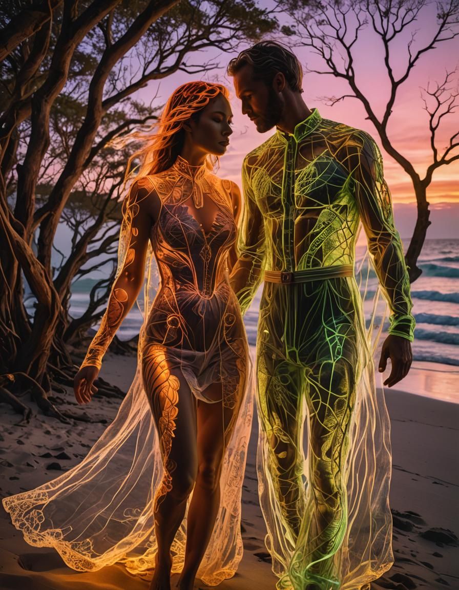 Neon Beach Sculpture of a Couple Holding Hands