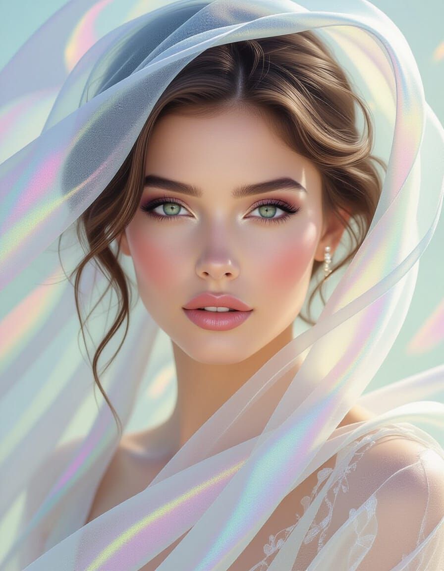 Ethereal Woman's Face in Gossamer Gown, Pastel Jewel Tones