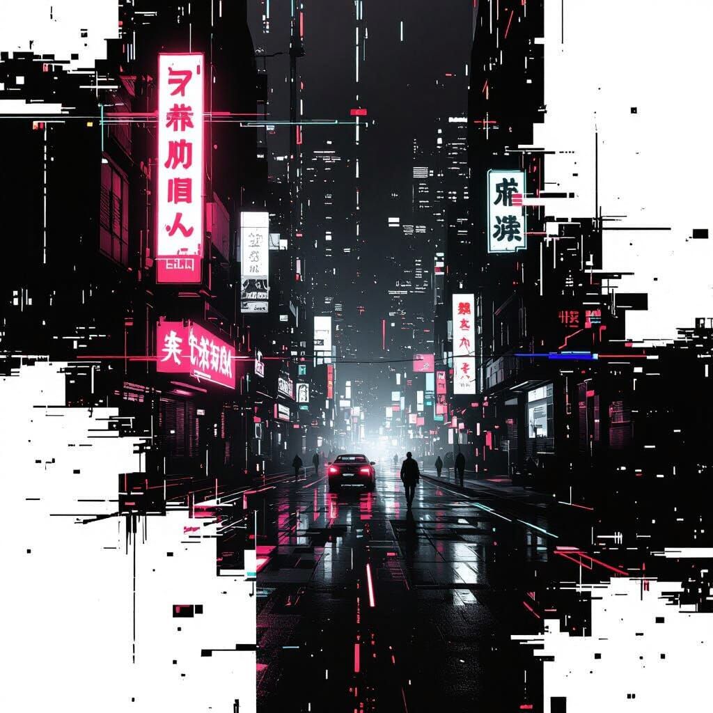 Glitch Art Cyberpunk Wallpaper in Black and White