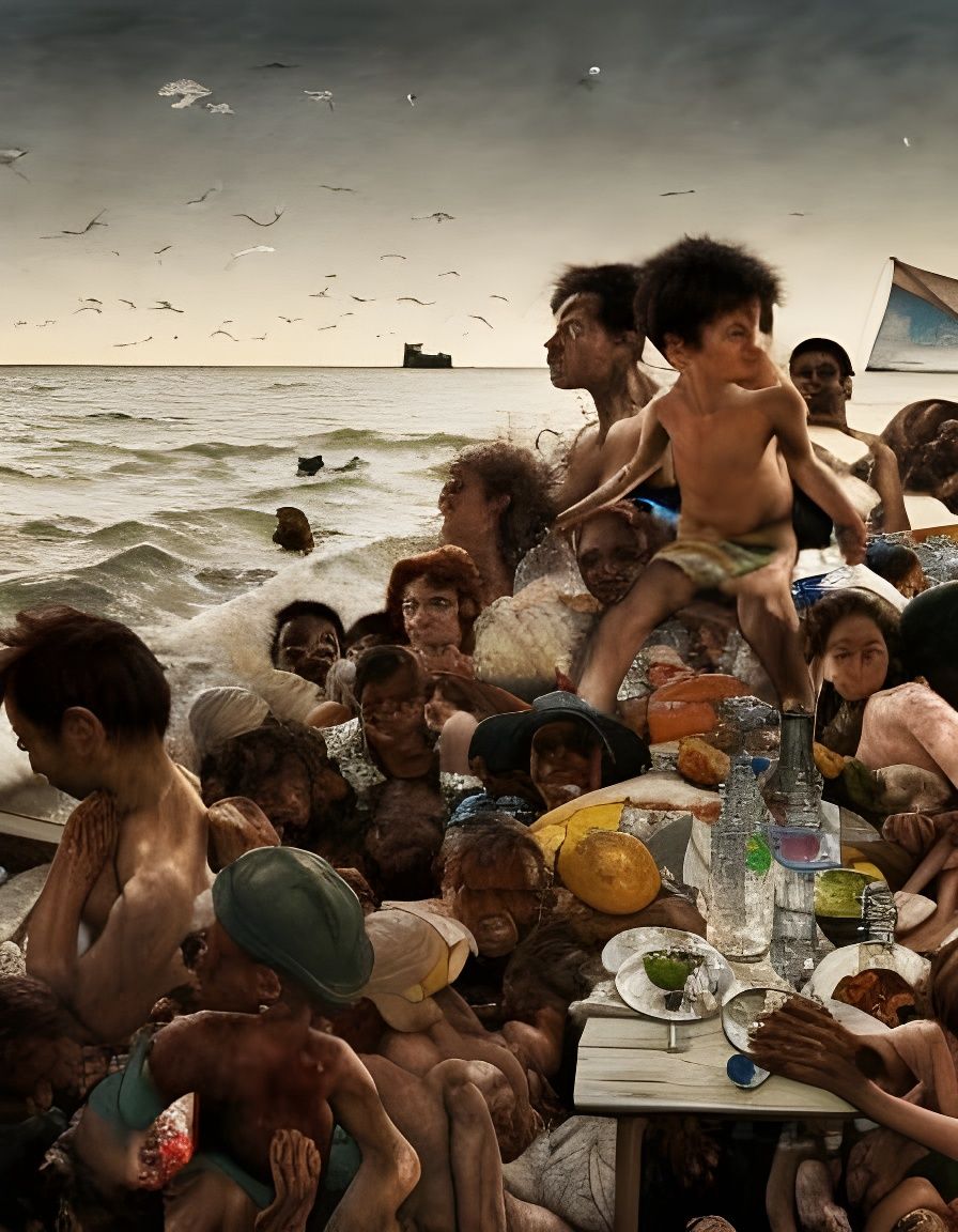 Desperate Refugees on Beach, Hyperrealistic Solarpunk