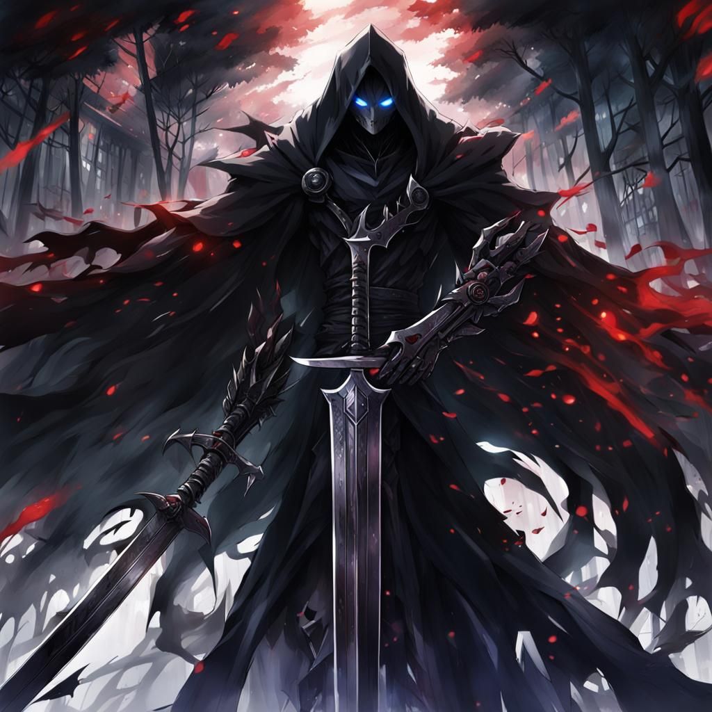 Terrifying Shadow Warrior with Black Sword, Anime Style