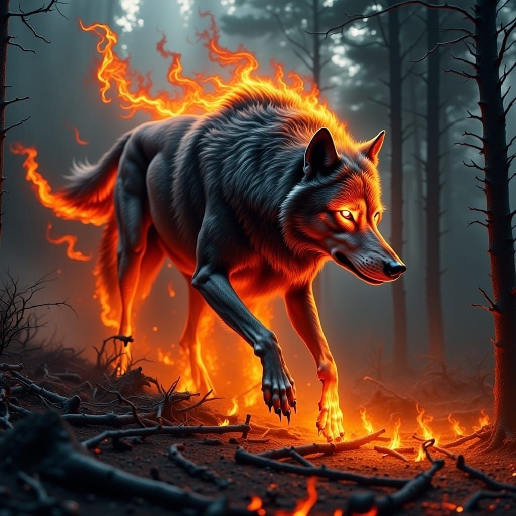 Wolf Materializing from Smoke in Forest Fire