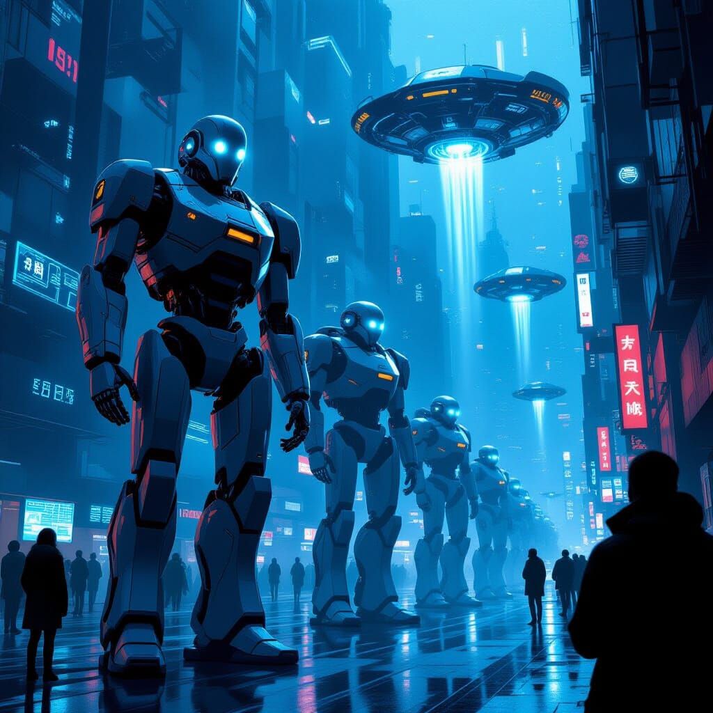 Robotic Figures Patrol Dark Futuristic City in Sci-Fi Style