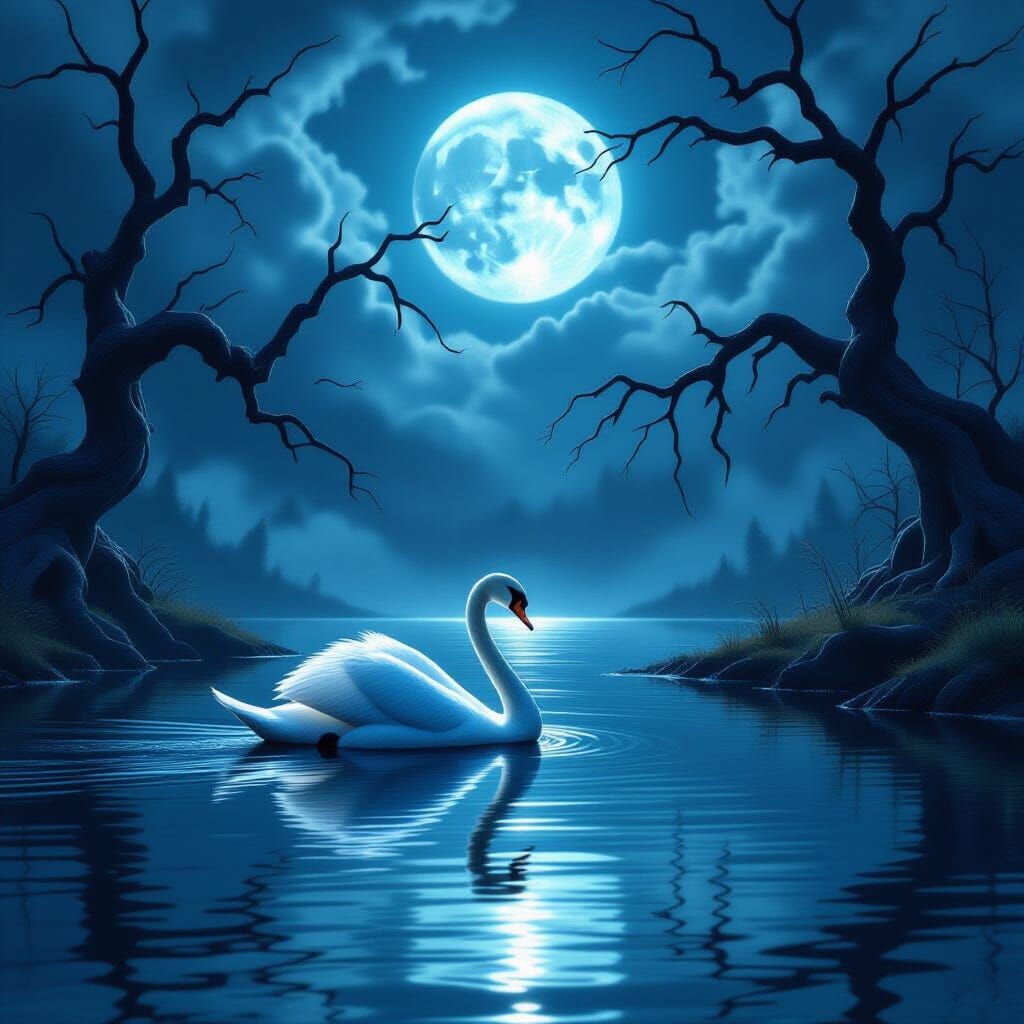 Spectral Swan on Obsidian Lake in Dark Fantasy Art Style