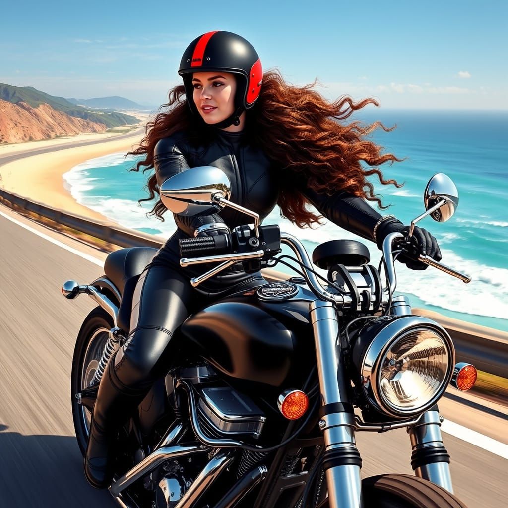 Cyberpunk Goddess Riding Classic Harley