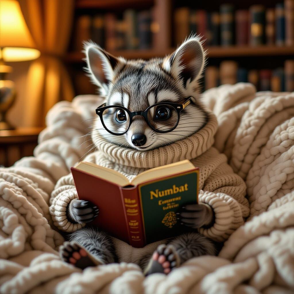 Nerdy Numbat Reading Math Book in Cozy Living Room