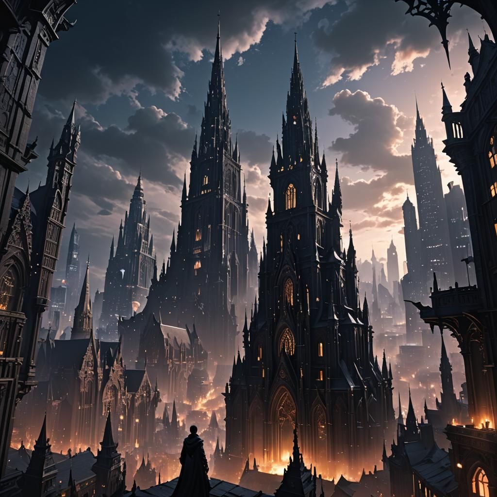 Dark Fantasy Gothic Cityscape with Magical Energies