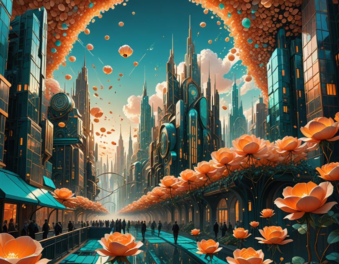 Surreal Futuristic Biopunk Cityscape in Maximalist Style