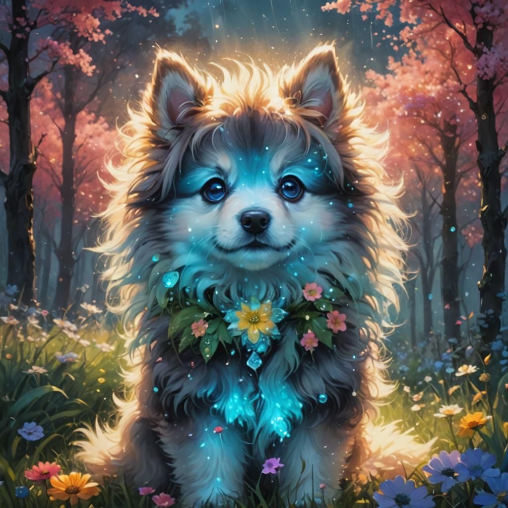 Adorable Puppy in Lush Meadow: Whimsical Anime Concept Art