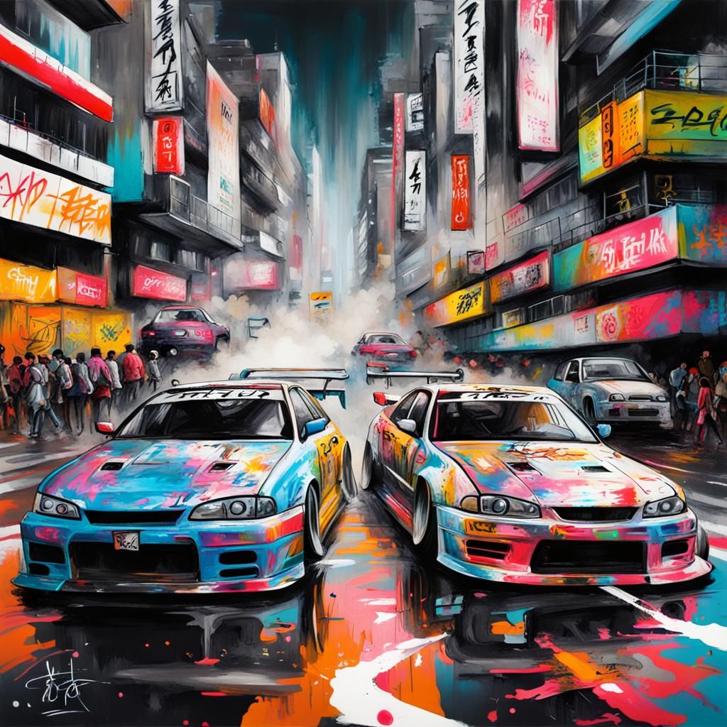 Tokyo Drift Race in Graffiti Art Style