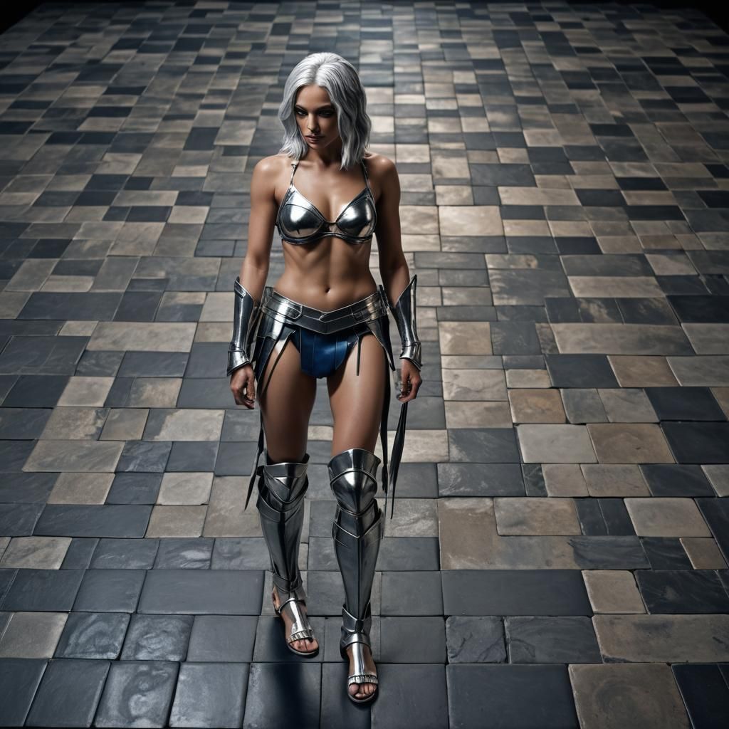Stunning Blue-Skinned Warrior in Chrome-Accented Armor