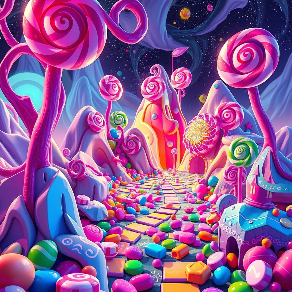 Vibrant Candy Land Game Scene in Bold Virtual Design
