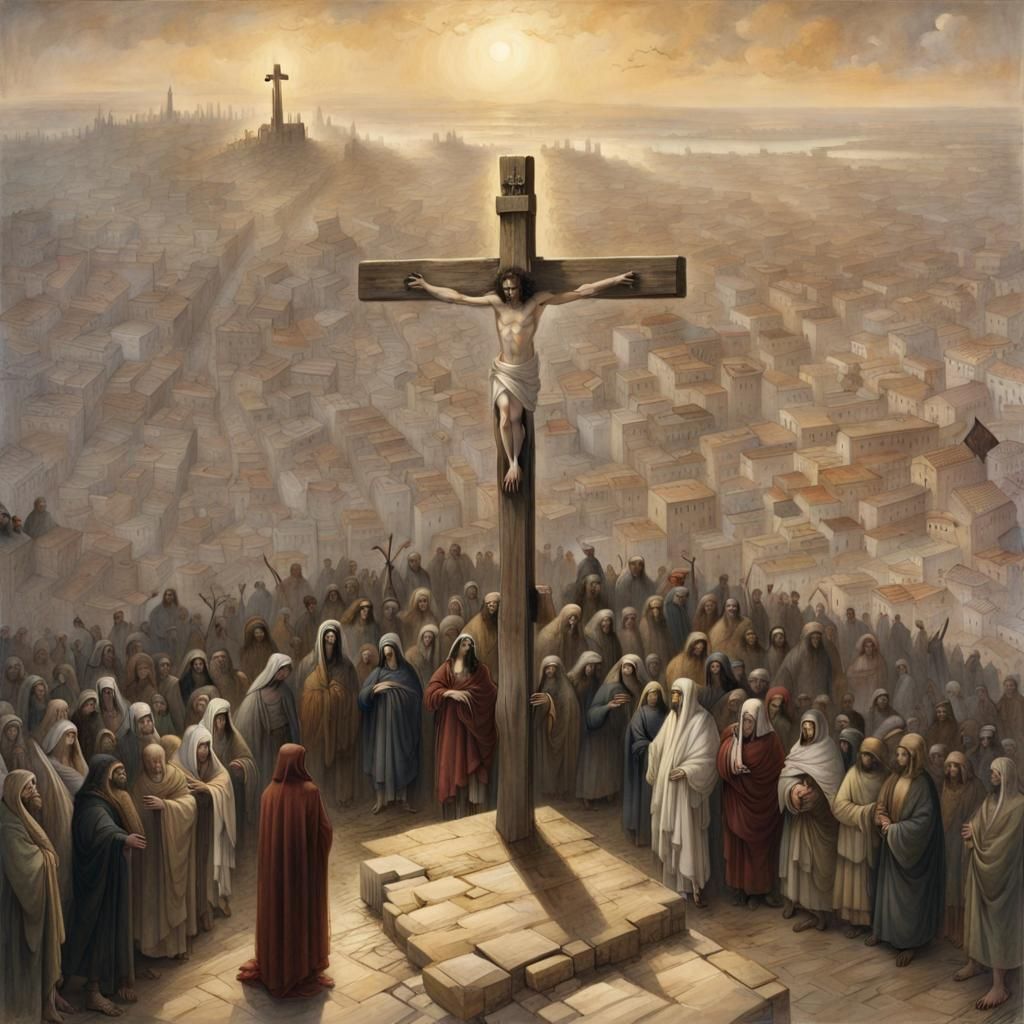 Crucifixion Scene from Above with Distant Jerusalem