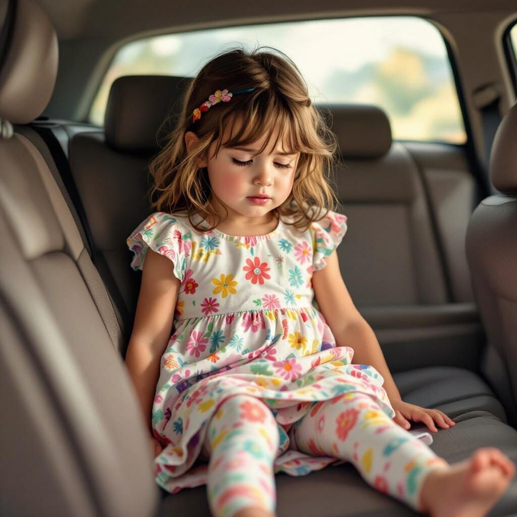 Distressed Girl in Car Seat Accident: Classic Illustration