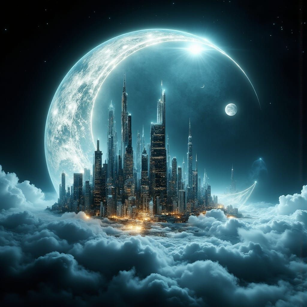 Surreal Cityscape on Moonlit Crescent in Space