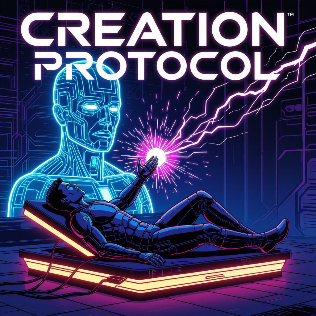 Cybernetic Adam Reaches for AI God in Comic Style