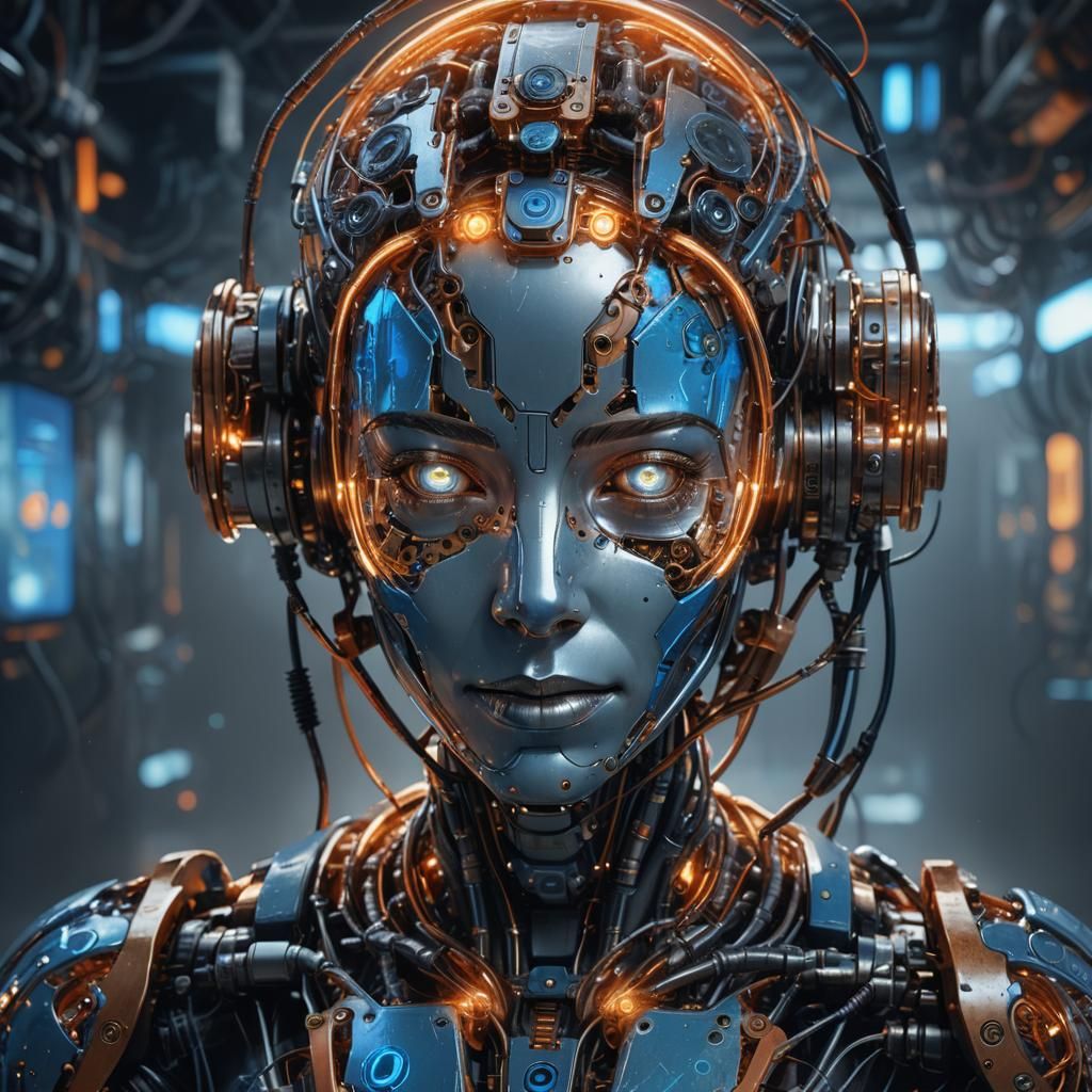 Female Robot Portrait with Glowing Circuits