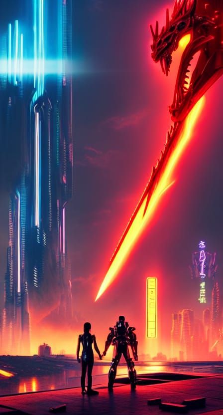 Cyberpunk Robot Dragon in Neon Future