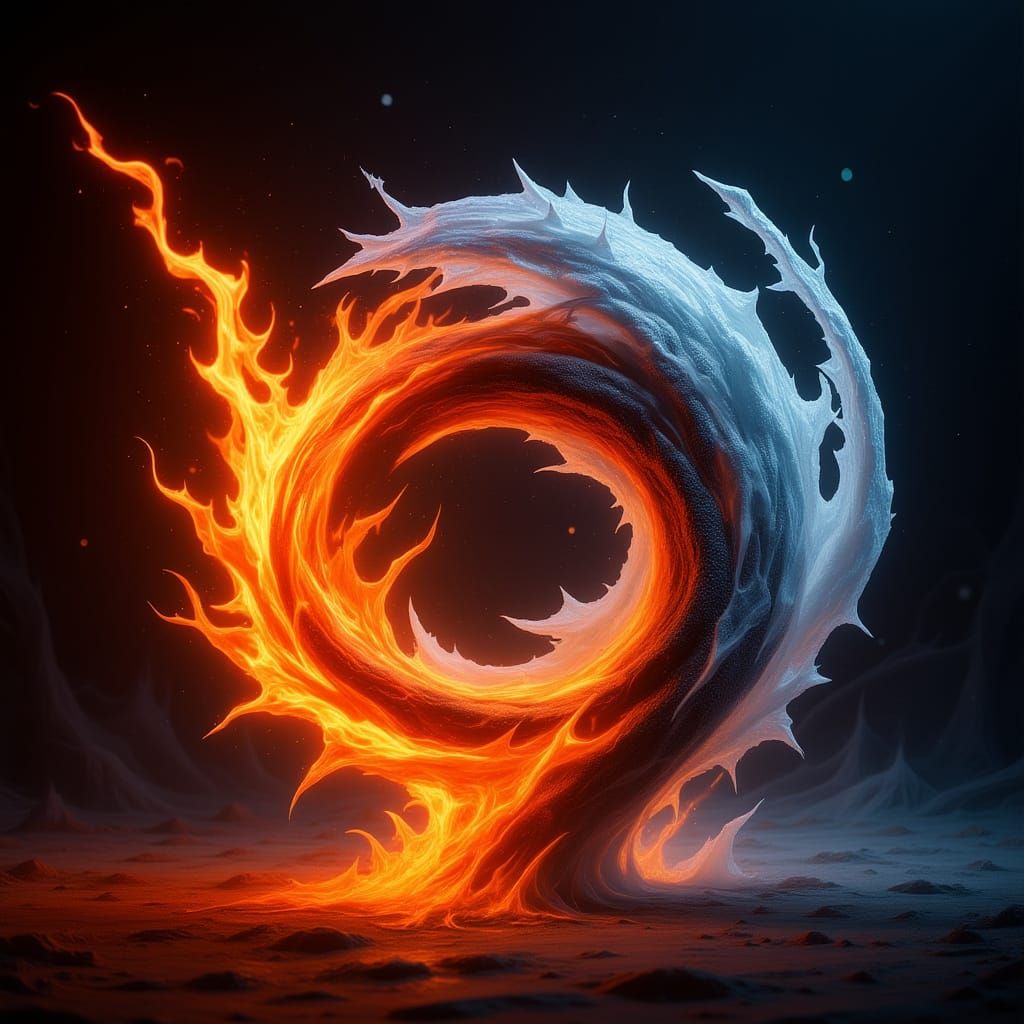 Fire and Ice Swirling Dance in Futuristic Environment