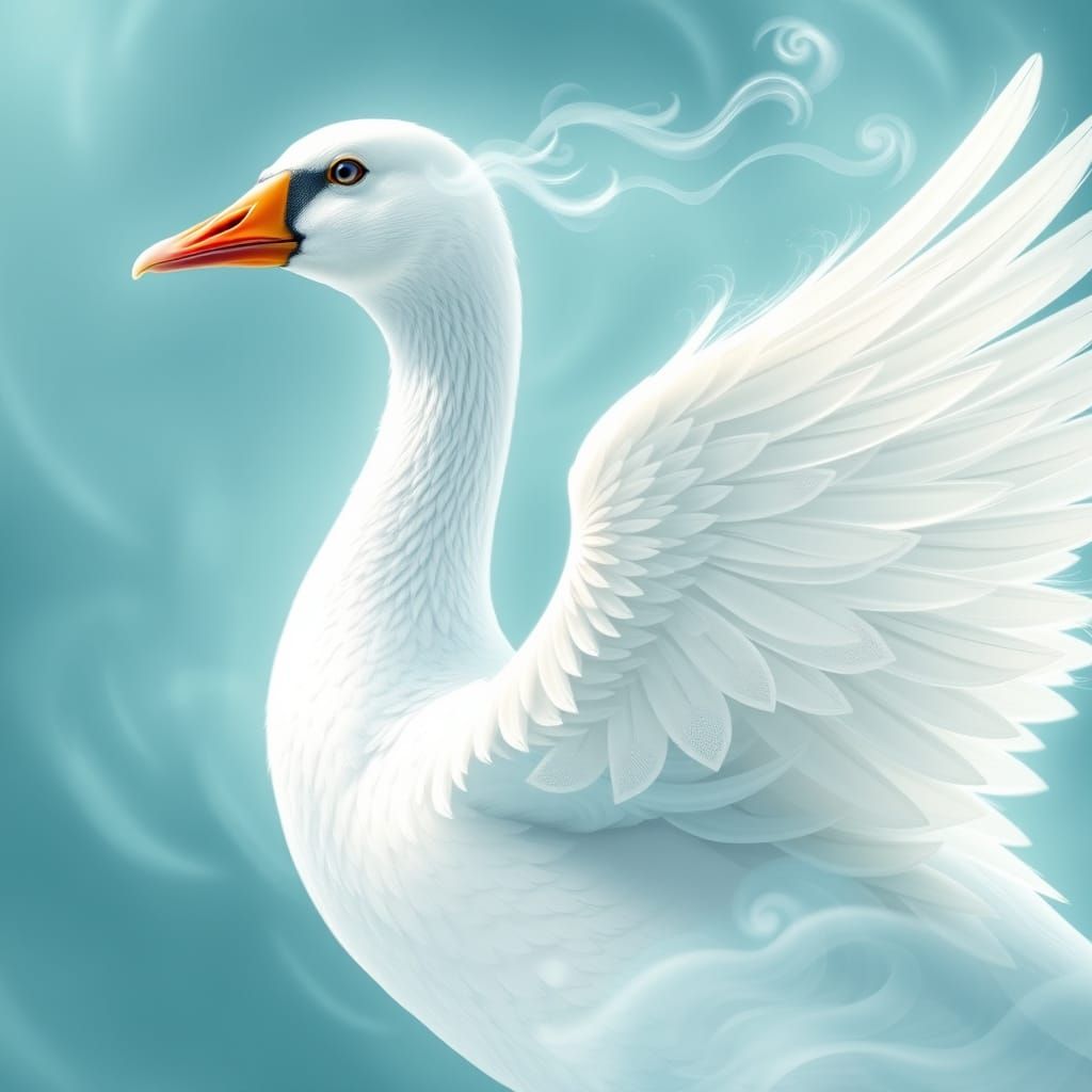 Goose in a Misty Teal Blue Sky with Flowing Feathers