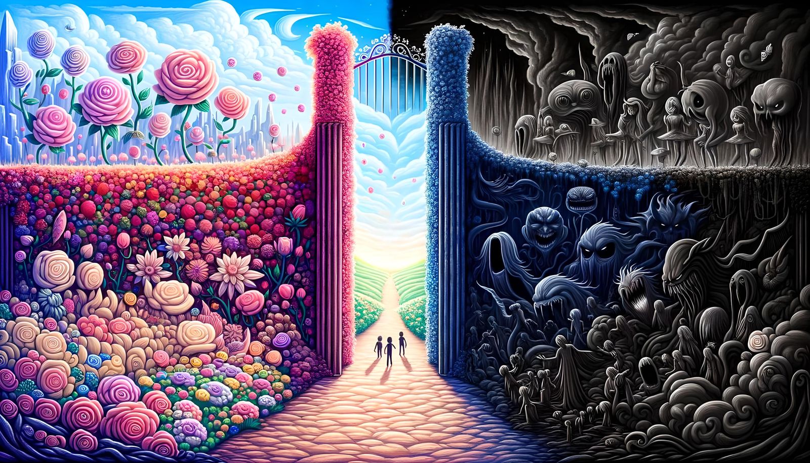 Surreal Rose Gate Between Realms of Light and Dark