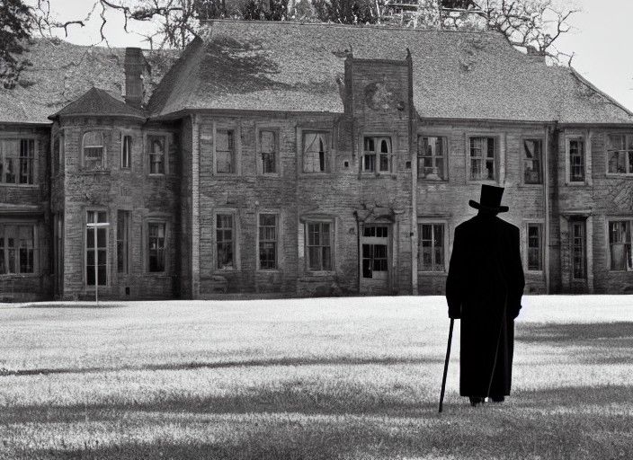 Wicked Old Man in Top Hat Before Mansion