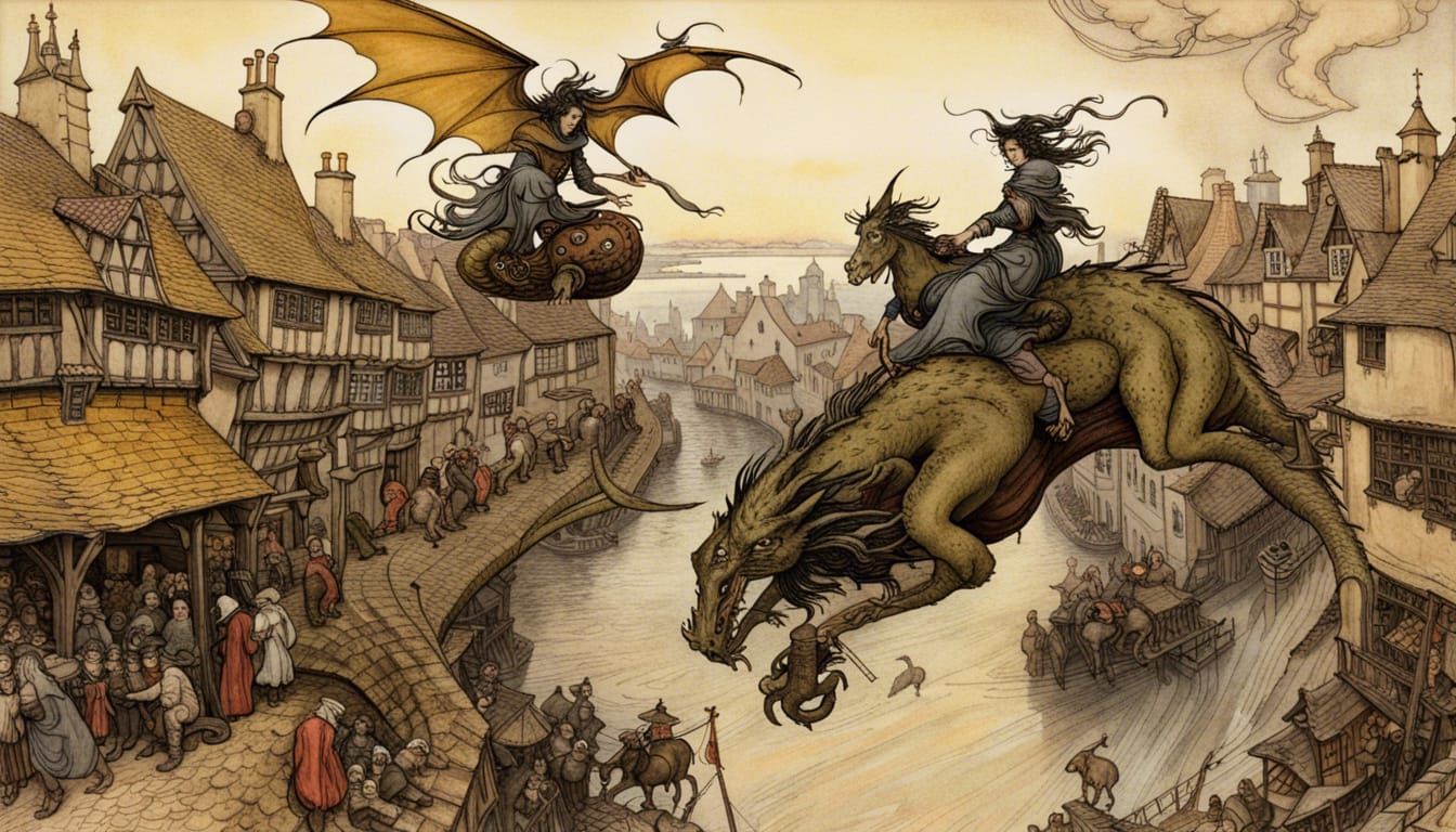 Witch on Dragon Flying Over Medieval Village