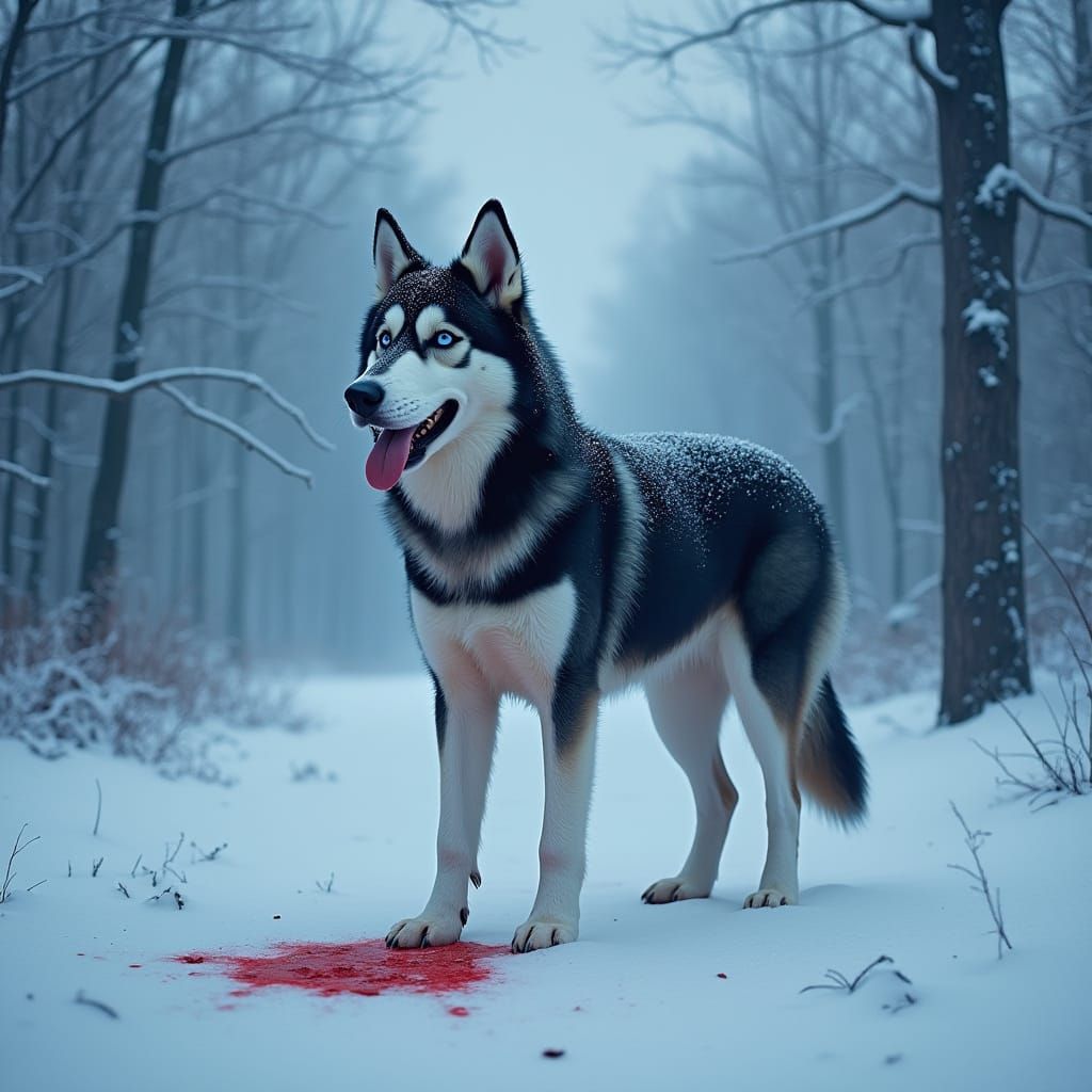 Husky in Winter Landscape with Eerie Lighting