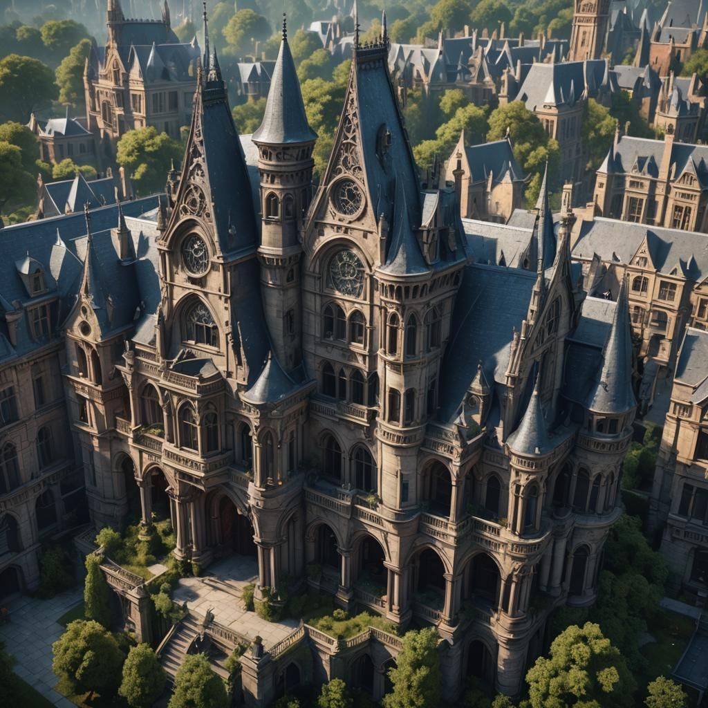 Victorian Gothic Mansion with Gargoyles in Matte Painting