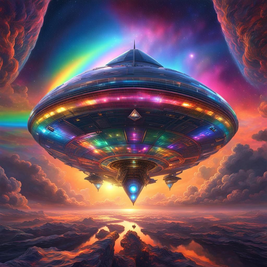 Iridescent Spaceship in Ethereal Celestial Flight