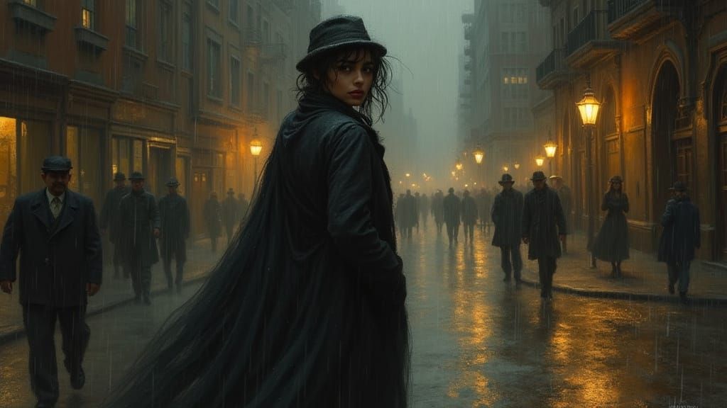 Zara Hemla in Rainy Cityscape, Ashcan School Style