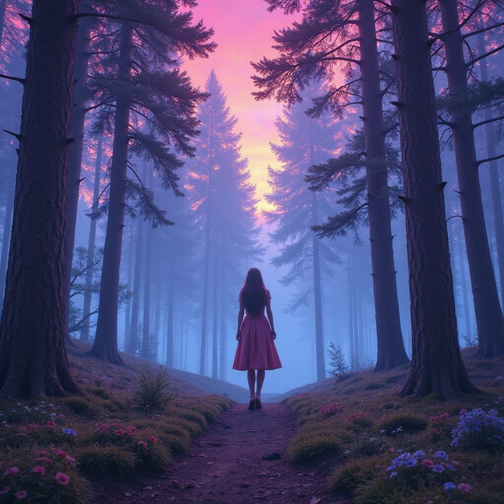 Ethereal Woman Walks Under Vibrant Aurora Borealis