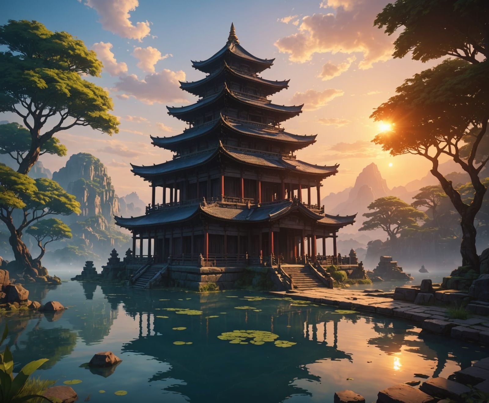 Ancient temple partly submerged at sunset