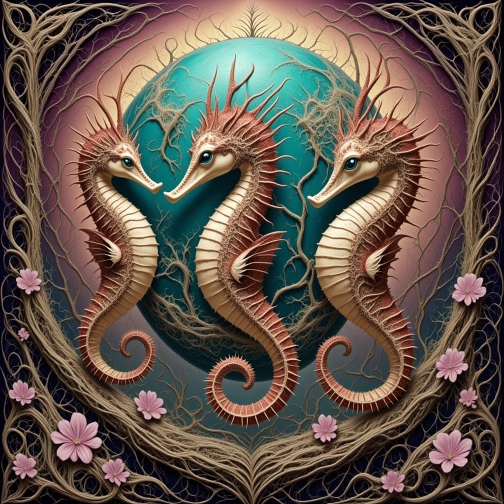 Seahorses Building a Planet in Artistic Style
