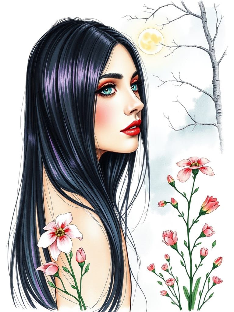 Pretty Woman Portrait with Spring Flowers in Moonlight
