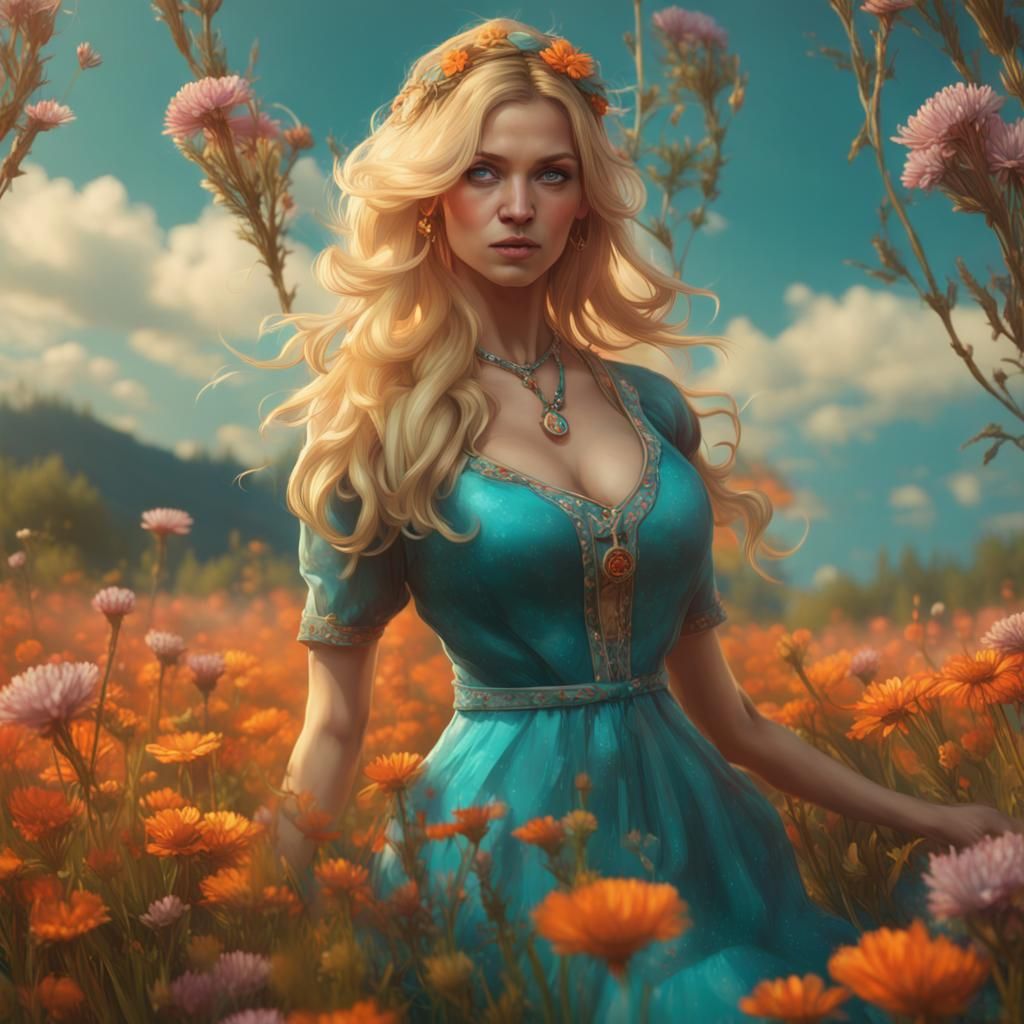 Blonde Woman in Flower Field, Art Nouveau Style