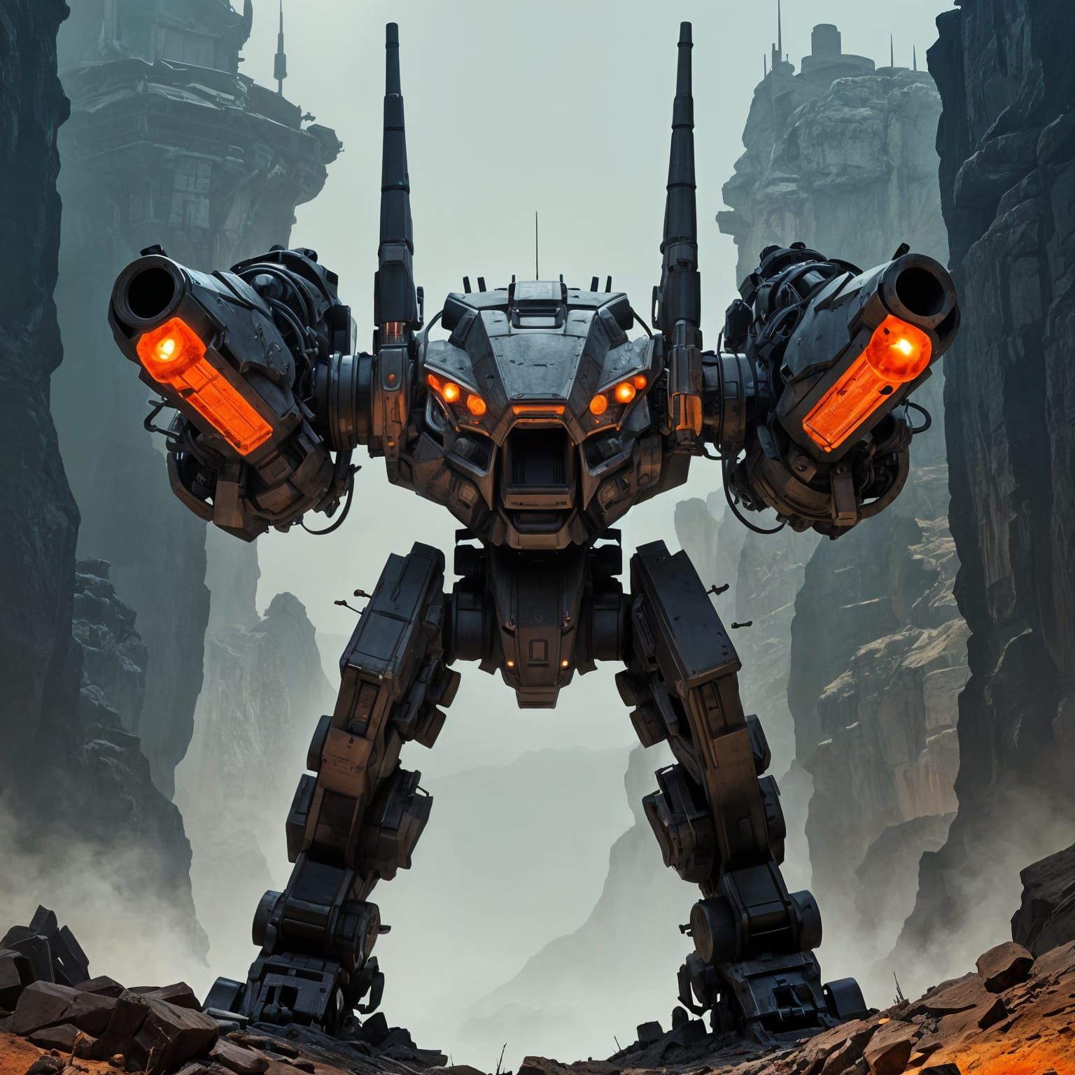 Cyberpunk Robot Turret in Sci-Fi Landscape