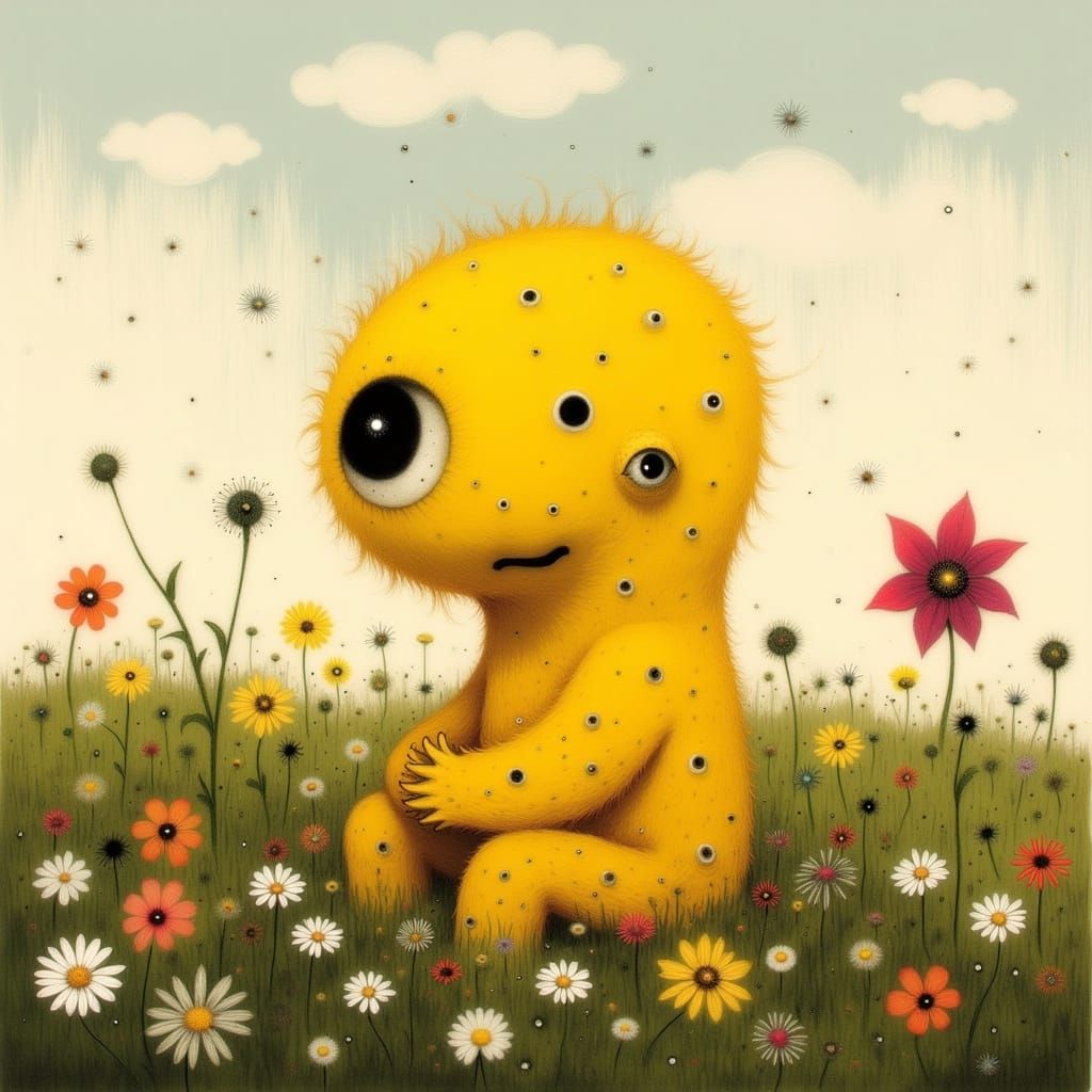 Whimsical Goldenrod Monster Amidst Vibrant Wildflowers