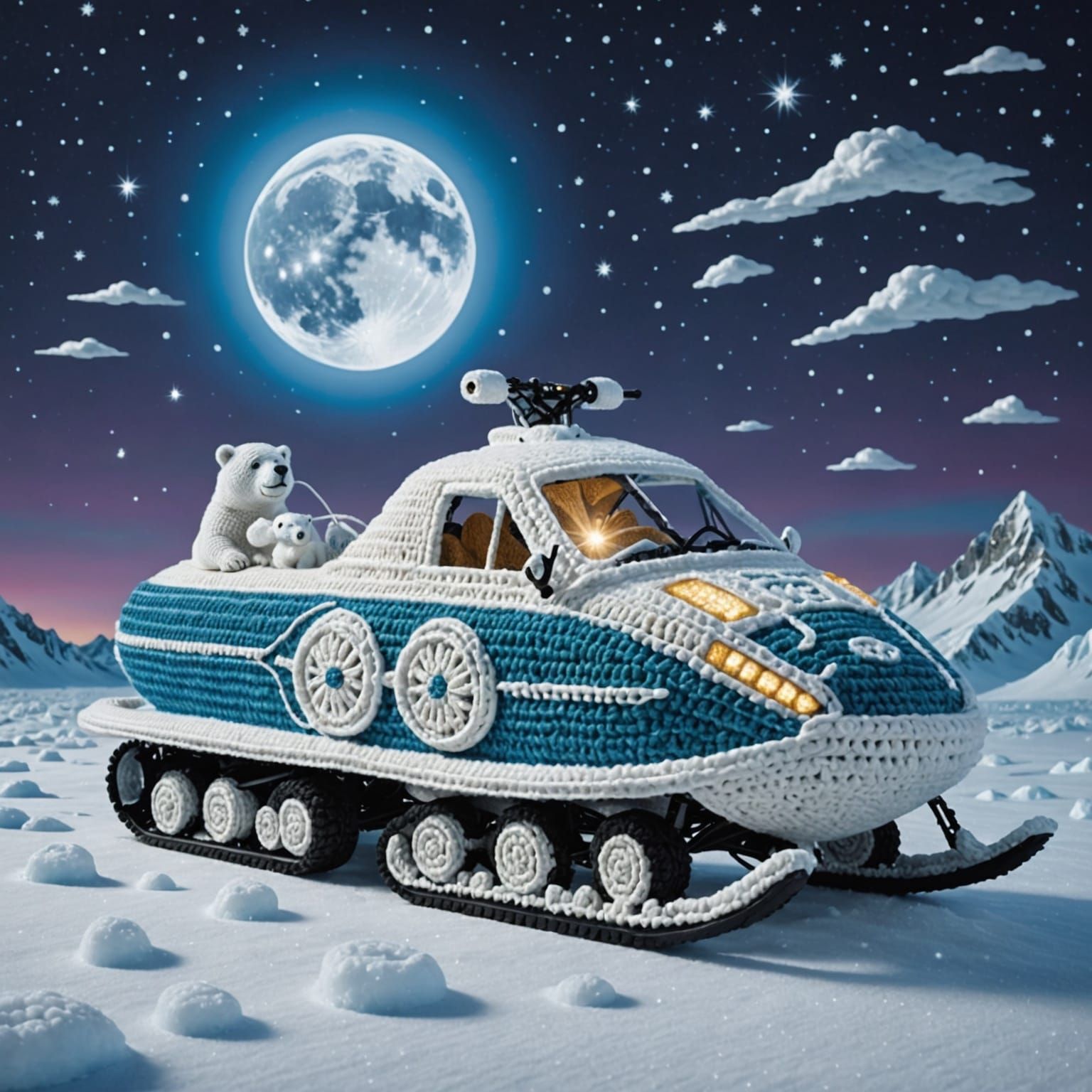 Crochet Snowmobile on Frozen Sea Under Aurora Sky