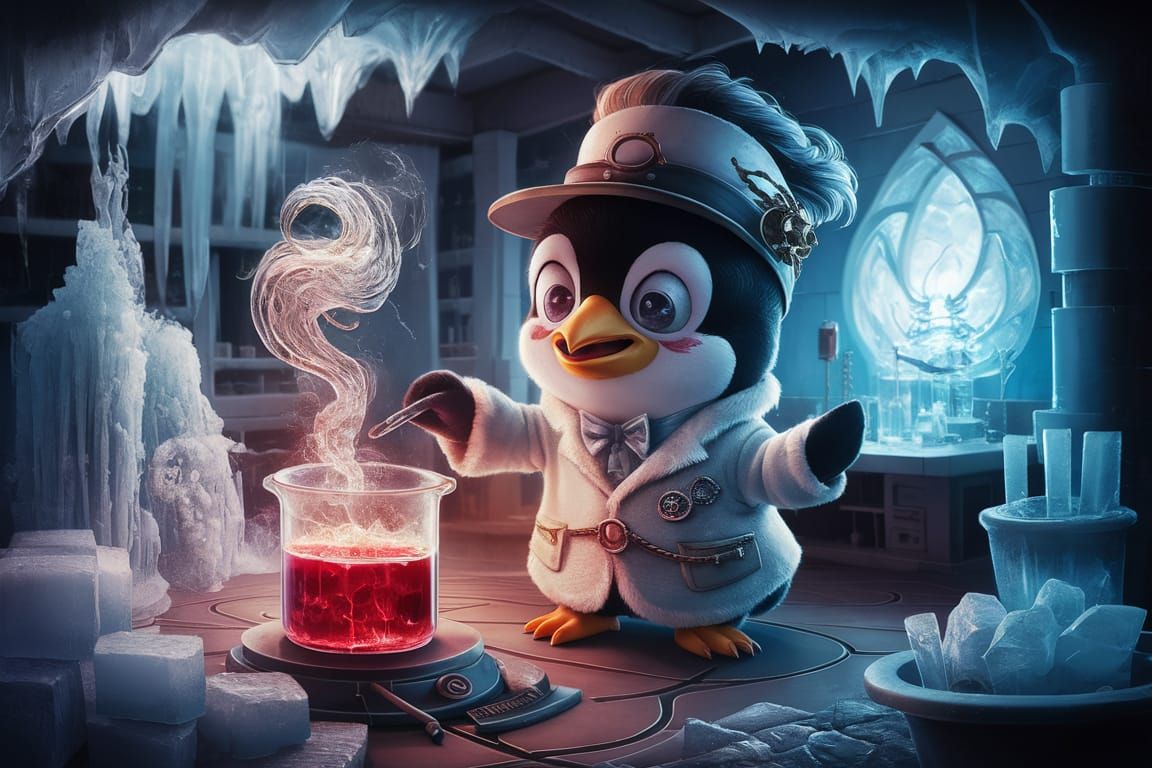 Chibi Penguin Mad Scientist in Icy Laboratory